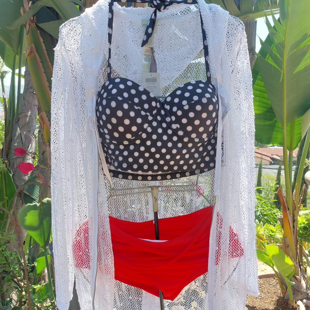 Chico's Black and White Polka Dot Bikini with Red Bottoms